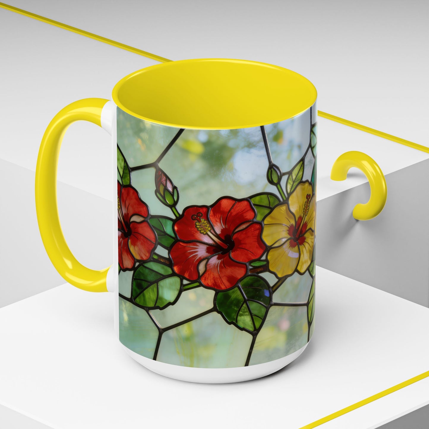 Stained Glass Floral Accent Coffee Mug — Hibiscus & Sunflower Art (11/15oz)
