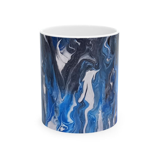 Blue Black White Acrylic Pour Ceramic Mug — Abstract Swirl 11oz & 15oz