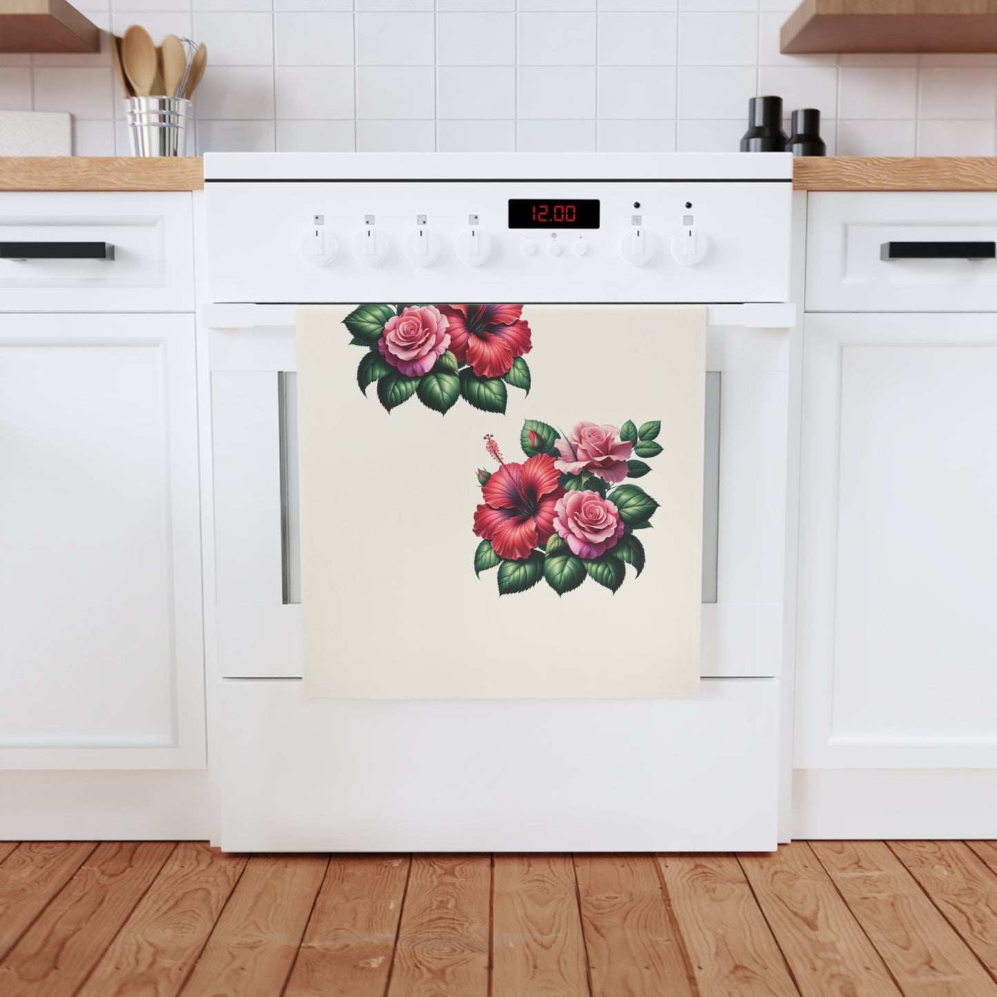 Vintage Hibiscus and Rose Design - 100% Organic Cotton Tea Towel