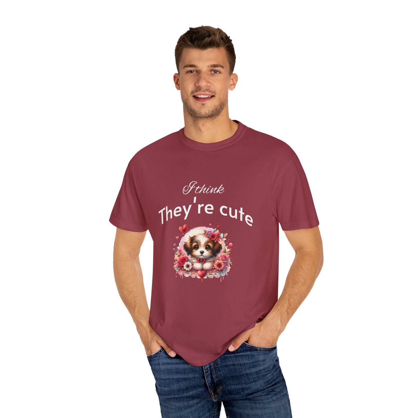 Cute Puppy Love adorned with hearts and beautiful flowers Unisex Garment-Dyed T-Shirt - Perfect for Dog Lovers