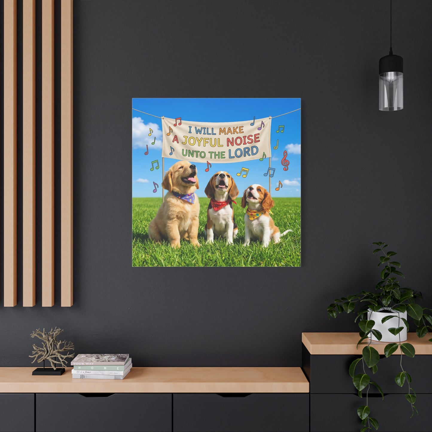 Psalm 100:1 Puppies Canvas Art - Make a Joyful Noise unto the Lord Christian Stretched Matte Wall Decor