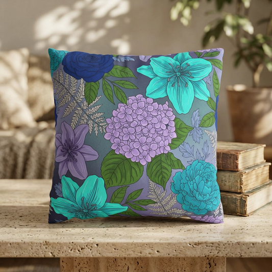 Floral blue and teal hydrangea and lily throw pillow