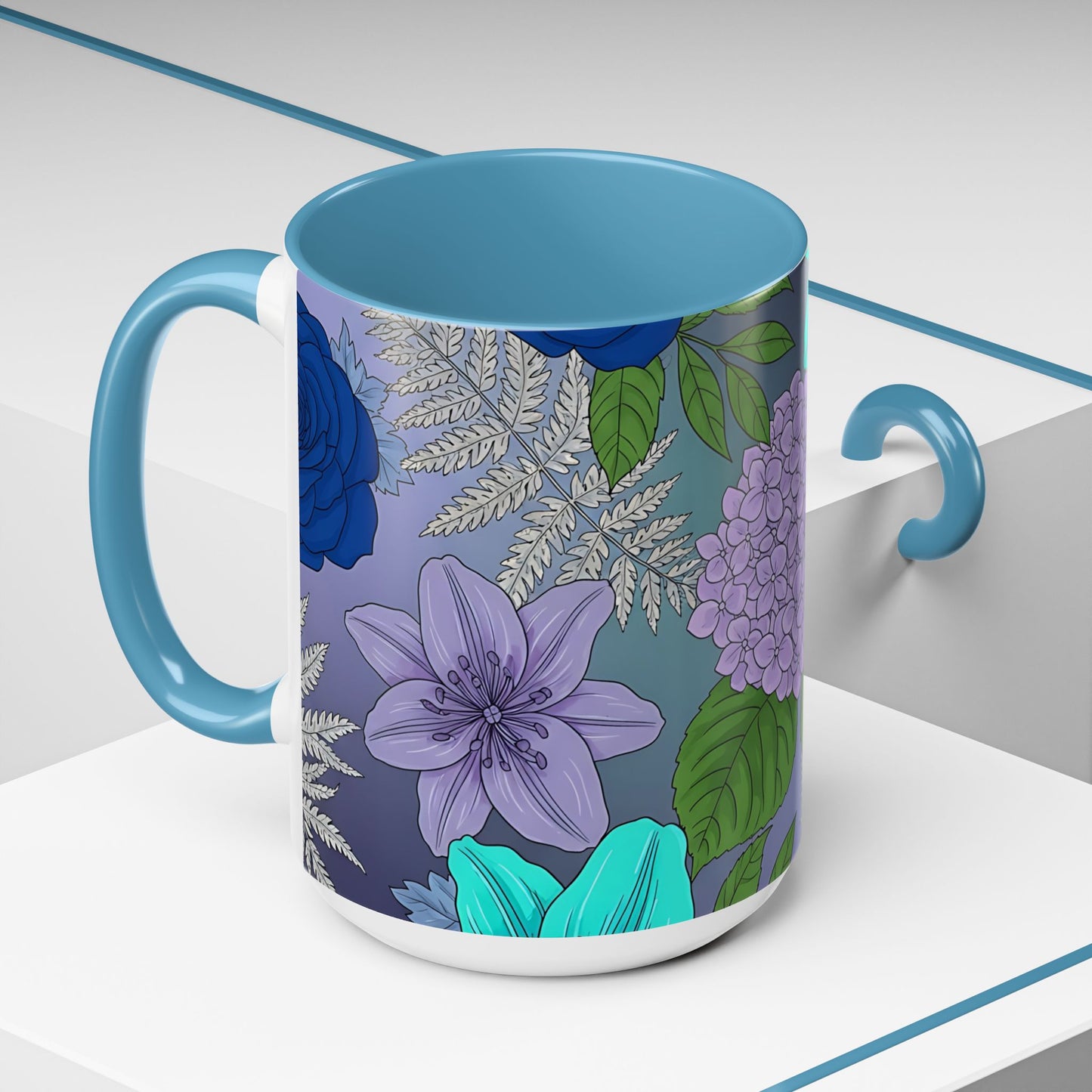 Floral Hydrangea Accent Coffee Mug — Teal & Lavender Botanical Drinkware