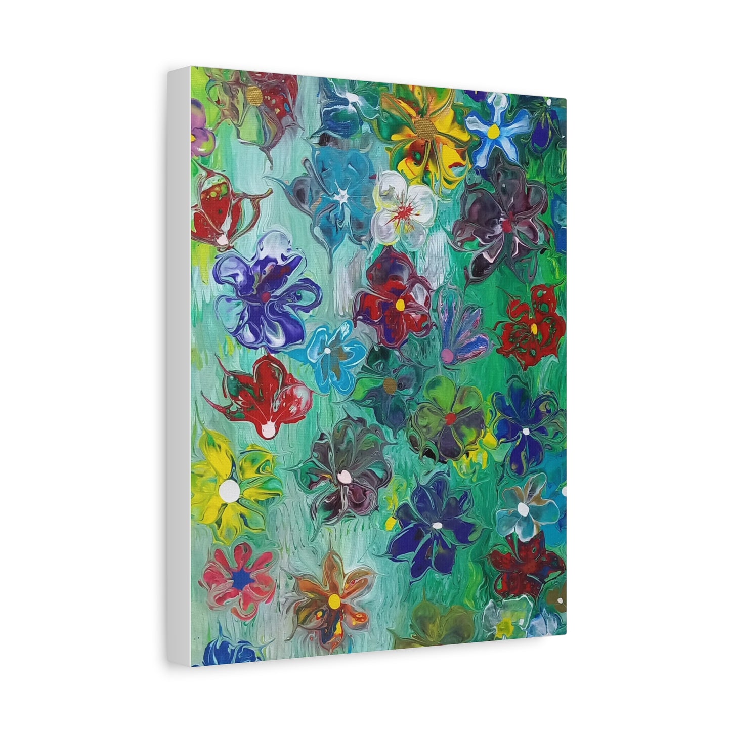 Abstract Floral Canvas Art Print - Vibrant Mixed Flowers on Green, Stretched Matte 1.25" Frame