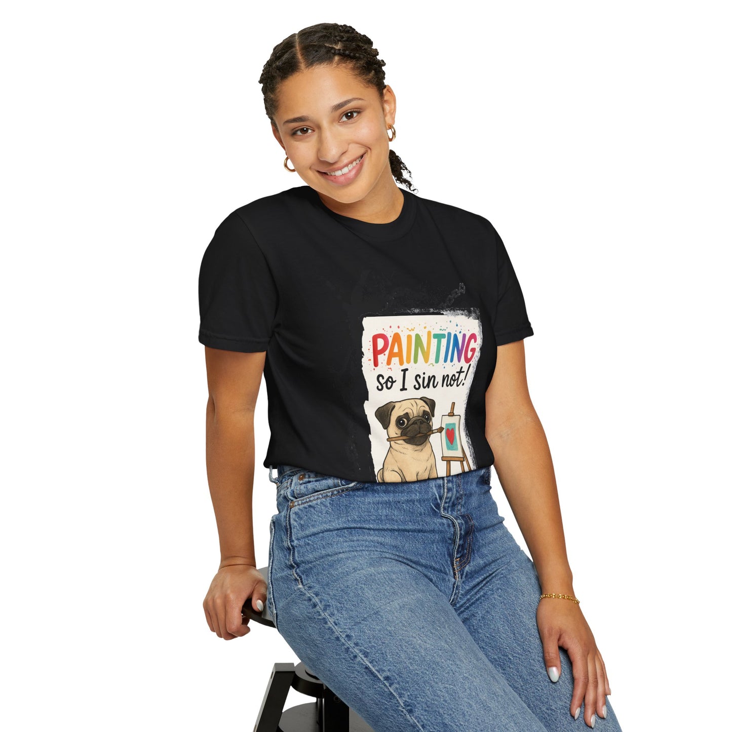 Humorous "Painting So I Sin Not" Pug T-Shirt