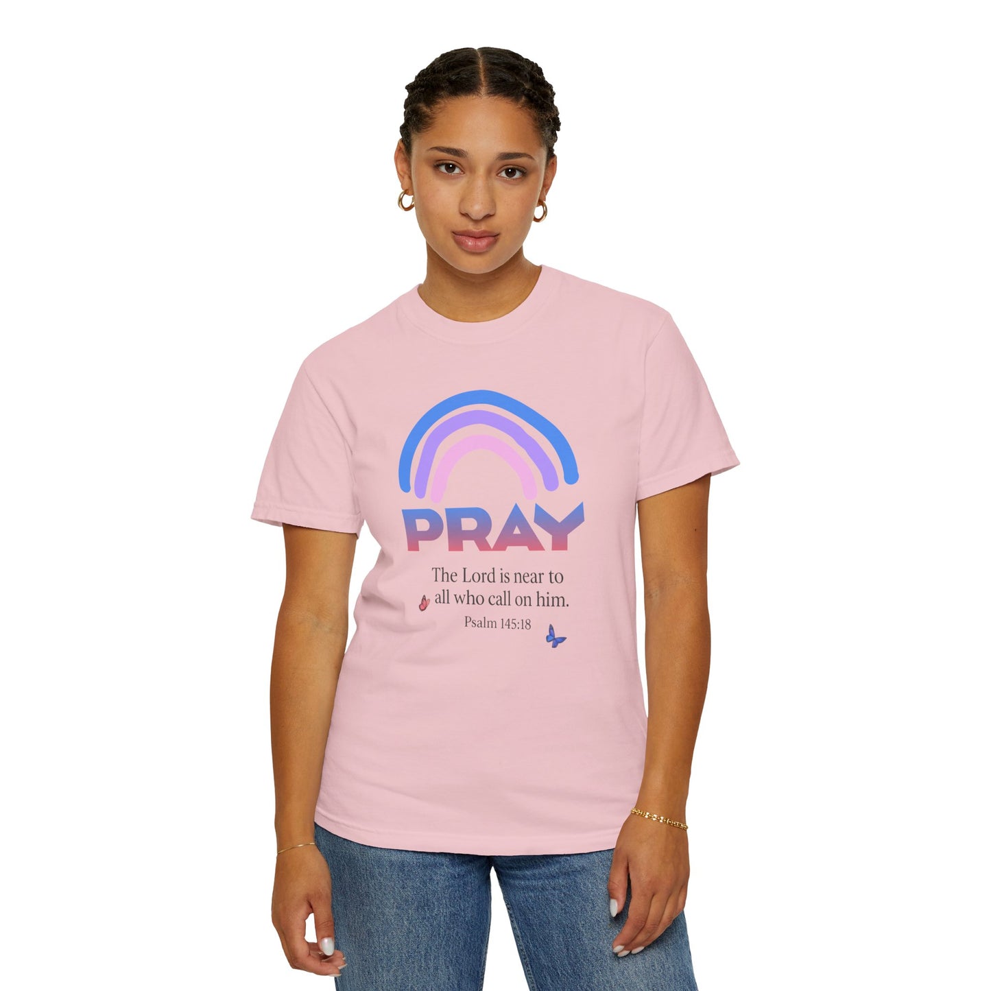 Prayer Rainbow T-Shirt — "PRAY" Psalm 145:18 Inspirational Christian Tee