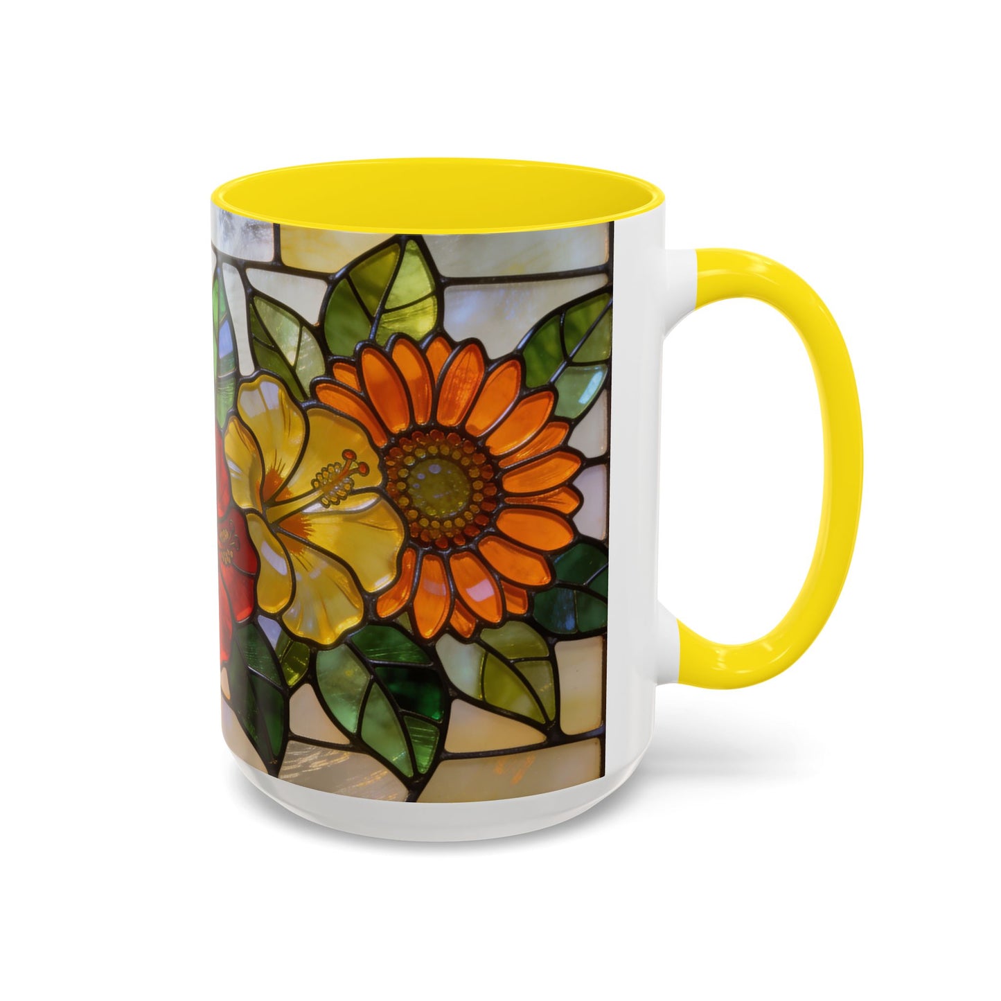 Floral Stained Glass Accent Coffee Mug – Hibiscus & Sunflower Design (11/15oz)