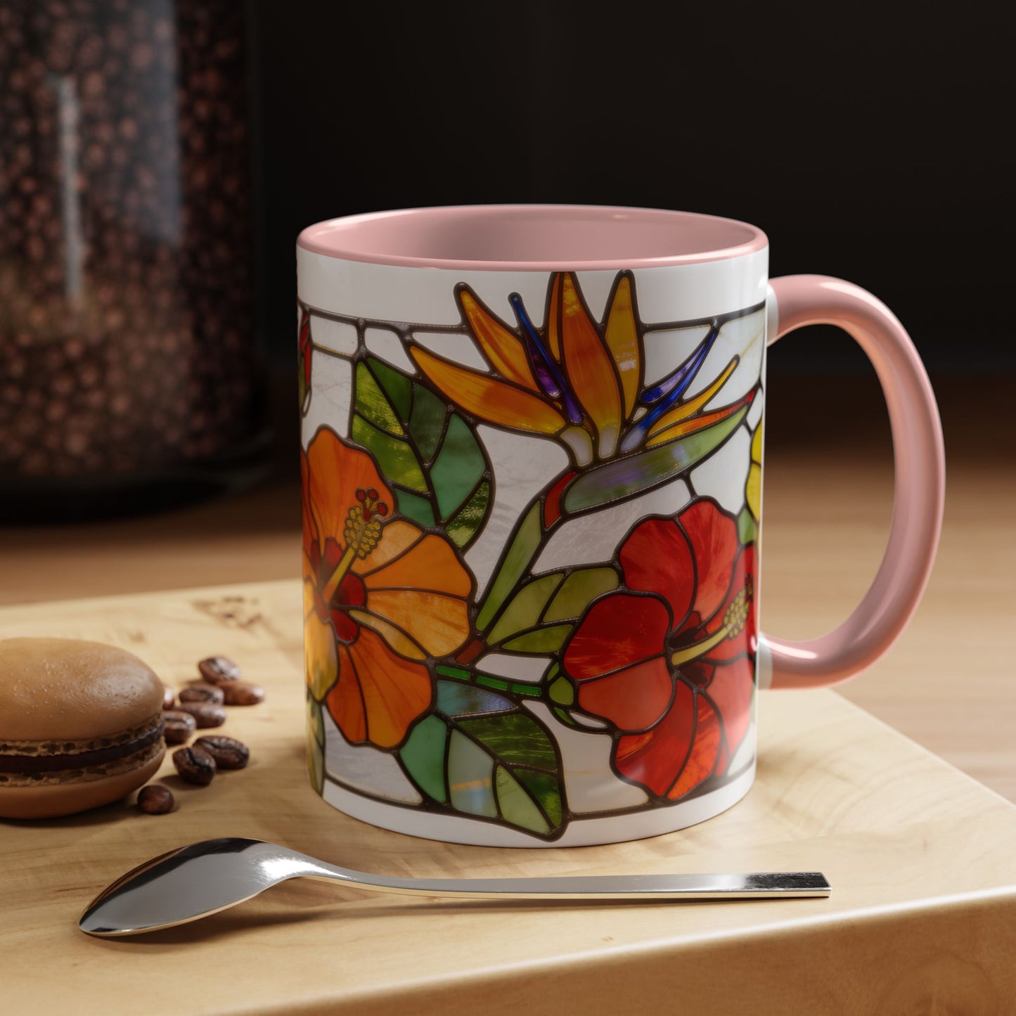 Stained Glass Tropical Flower Coffee Mug — Hibiscus & Bird of Paradise Accent Mug