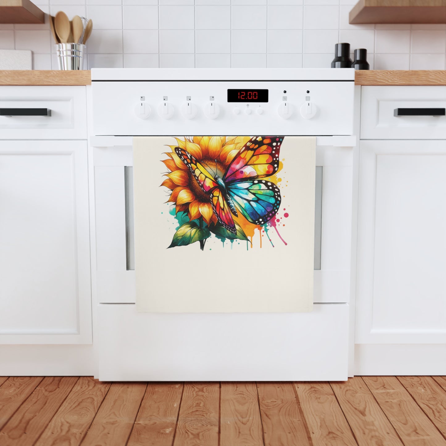 Vibrant Butterfly & Sunflower Cotton Tea Towel - Colorful Kitchen Decor