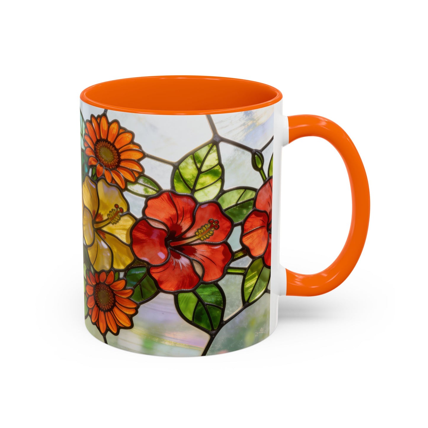 Stained Glass Floral Accent Coffee Mug — Hibiscus & Sunflower Art (11/15oz)