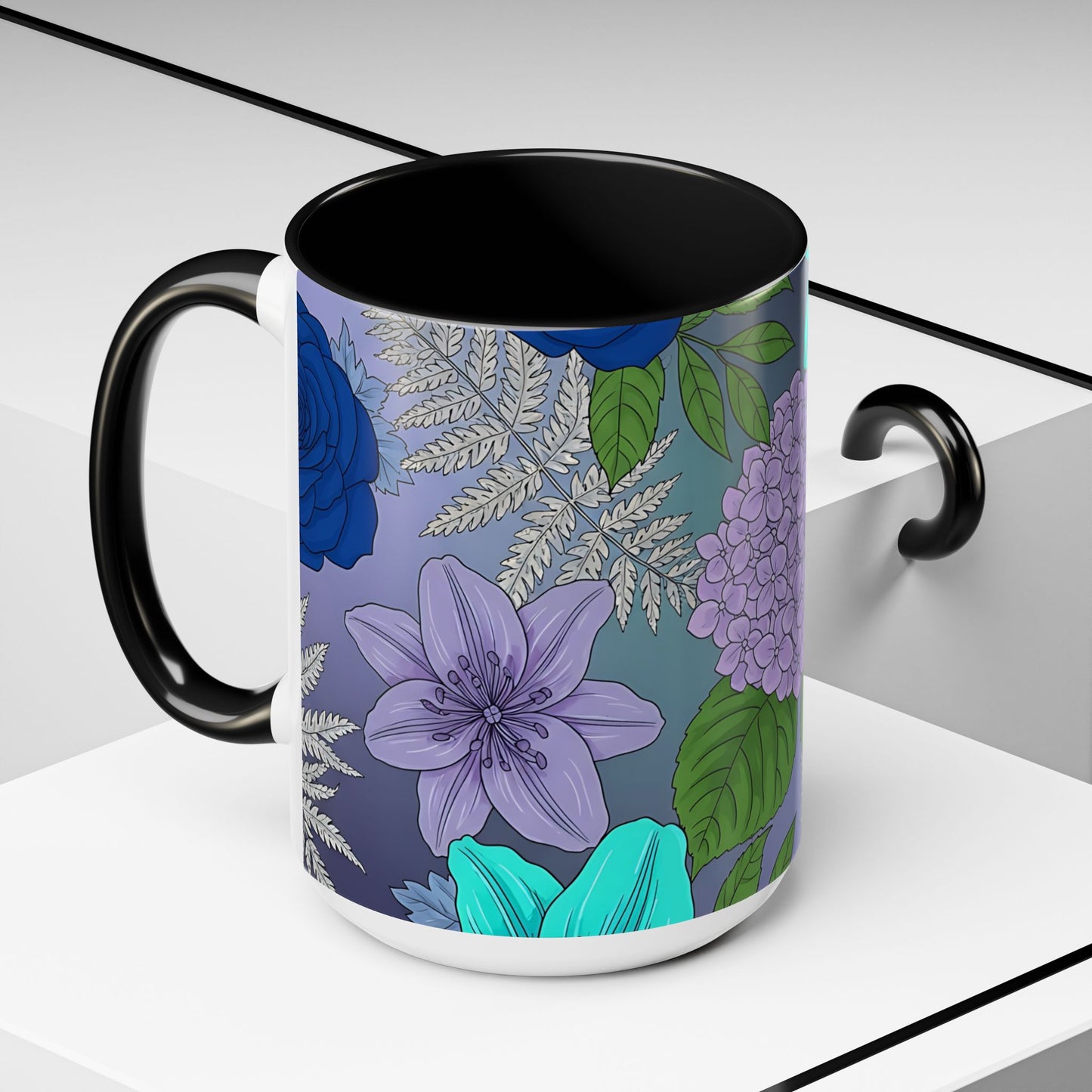 Floral Hydrangea Accent Coffee Mug — Teal & Lavender Botanical Drinkware