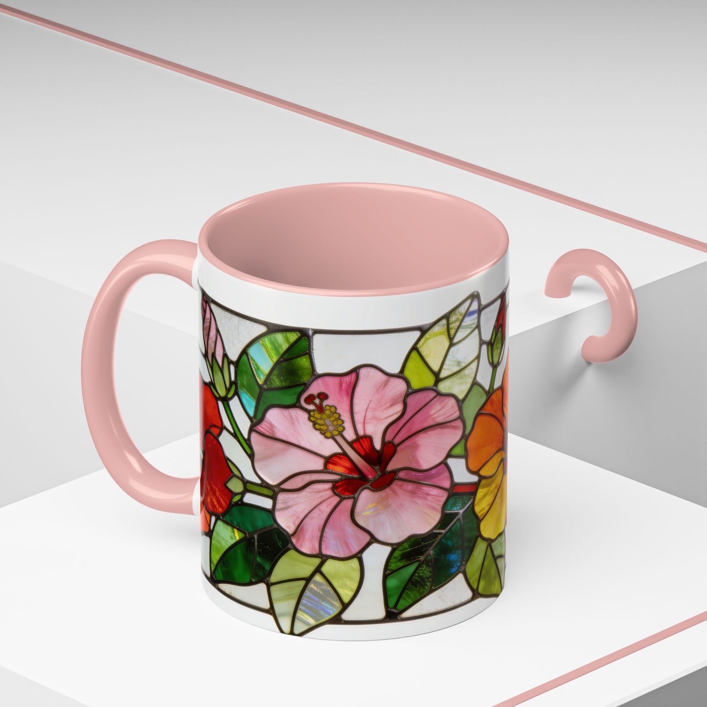 Stained Glass Tropical Flower Coffee Mug — Hibiscus & Bird of Paradise Accent Mug
