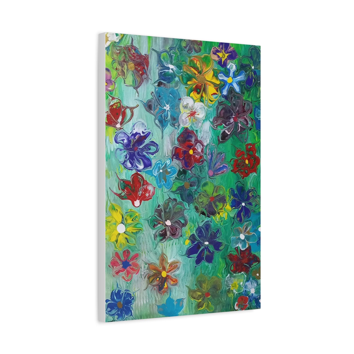 Abstract Floral Canvas Art Print — Vibrant Mixed Flowers on Green, Stretched Matte 1.25" Frame