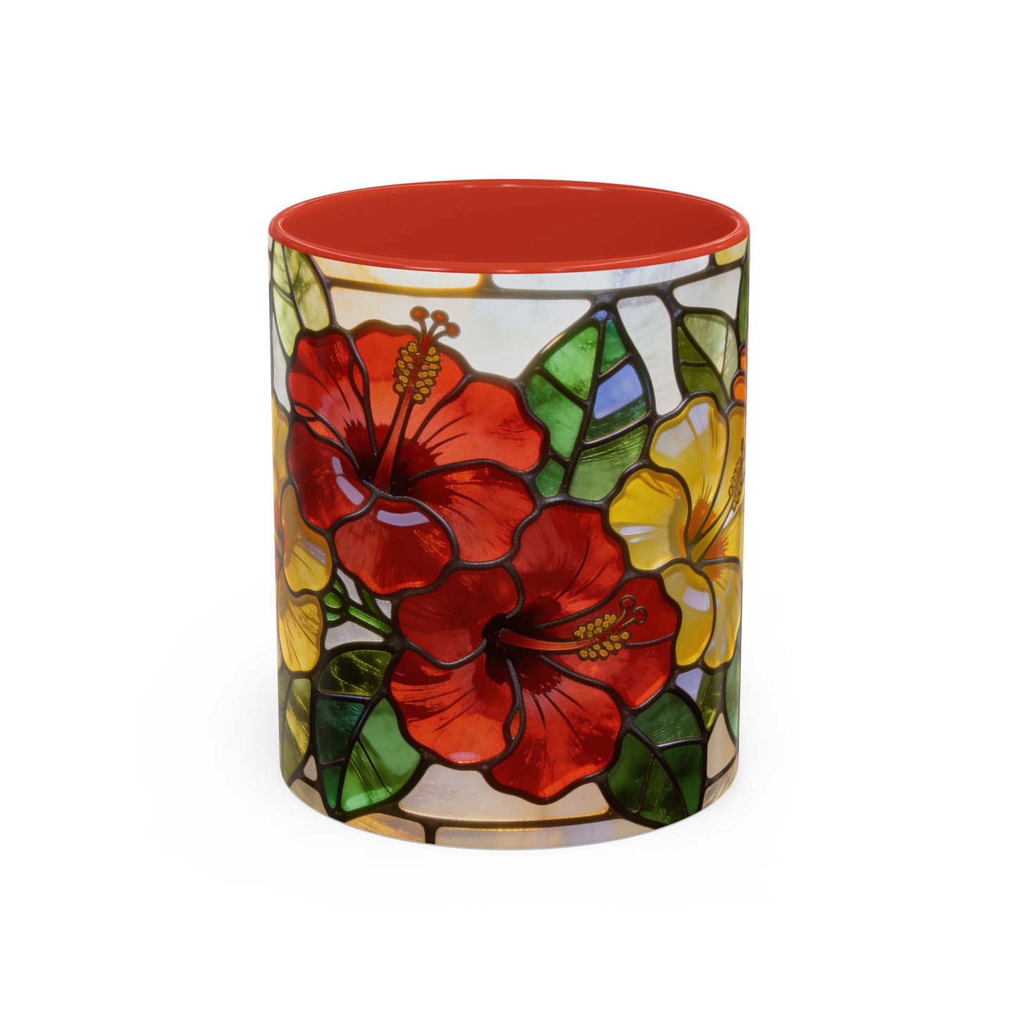 Floral Stained Glass Accent Coffee Mug – Hibiscus & Sunflower Design (11/15oz)