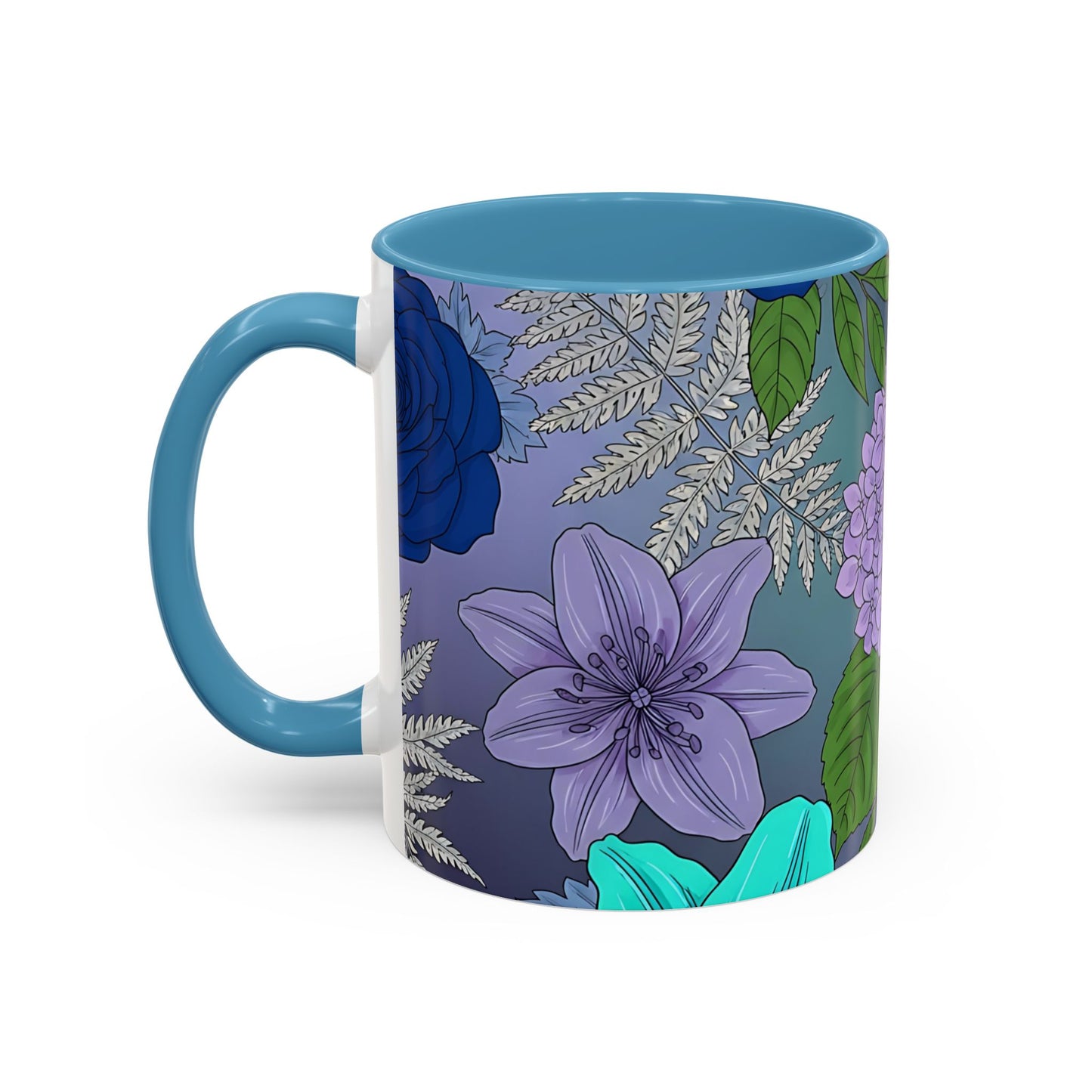 Floral Hydrangea Accent Coffee Mug — Teal & Lavender Botanical Drinkware