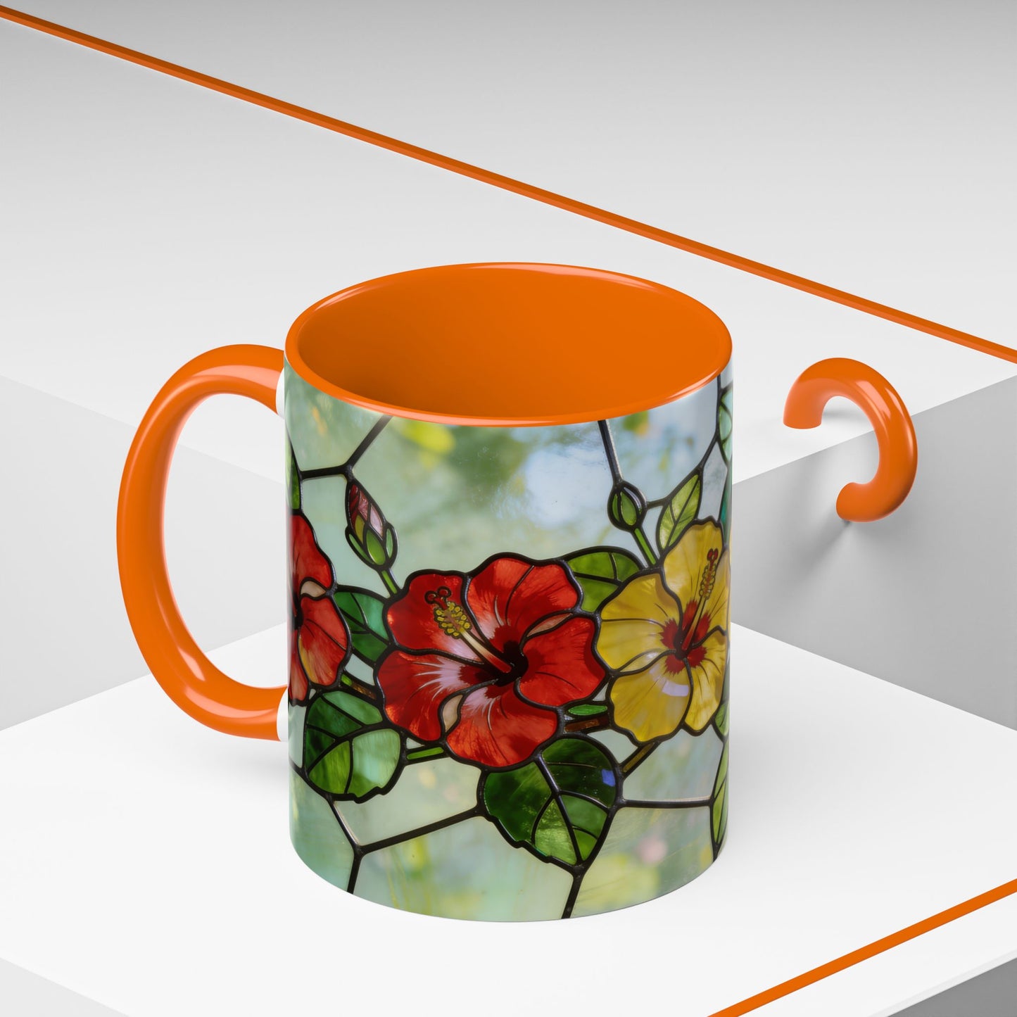 Stained Glass Floral Accent Coffee Mug — Hibiscus & Sunflower Art (11/15oz)