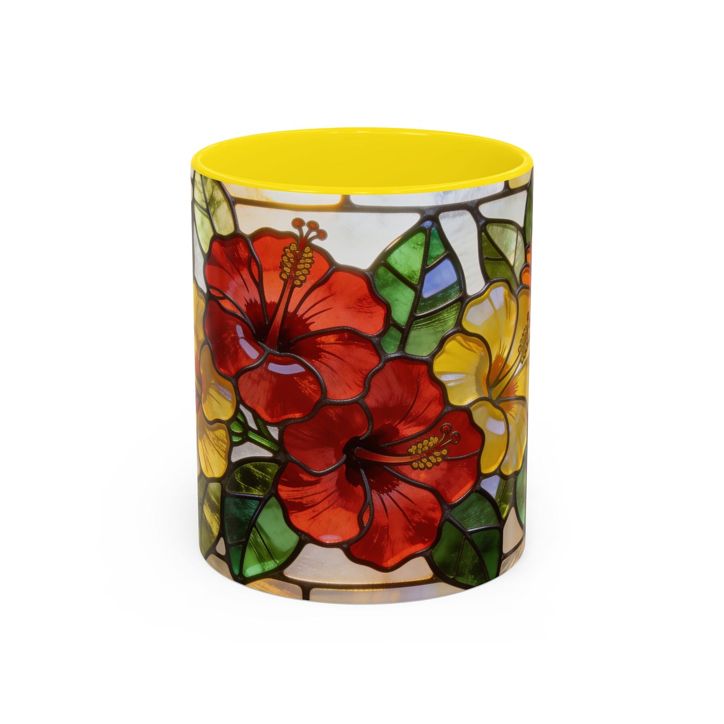 Floral Stained Glass Accent Coffee Mug – Hibiscus & Sunflower Design (11/15oz)
