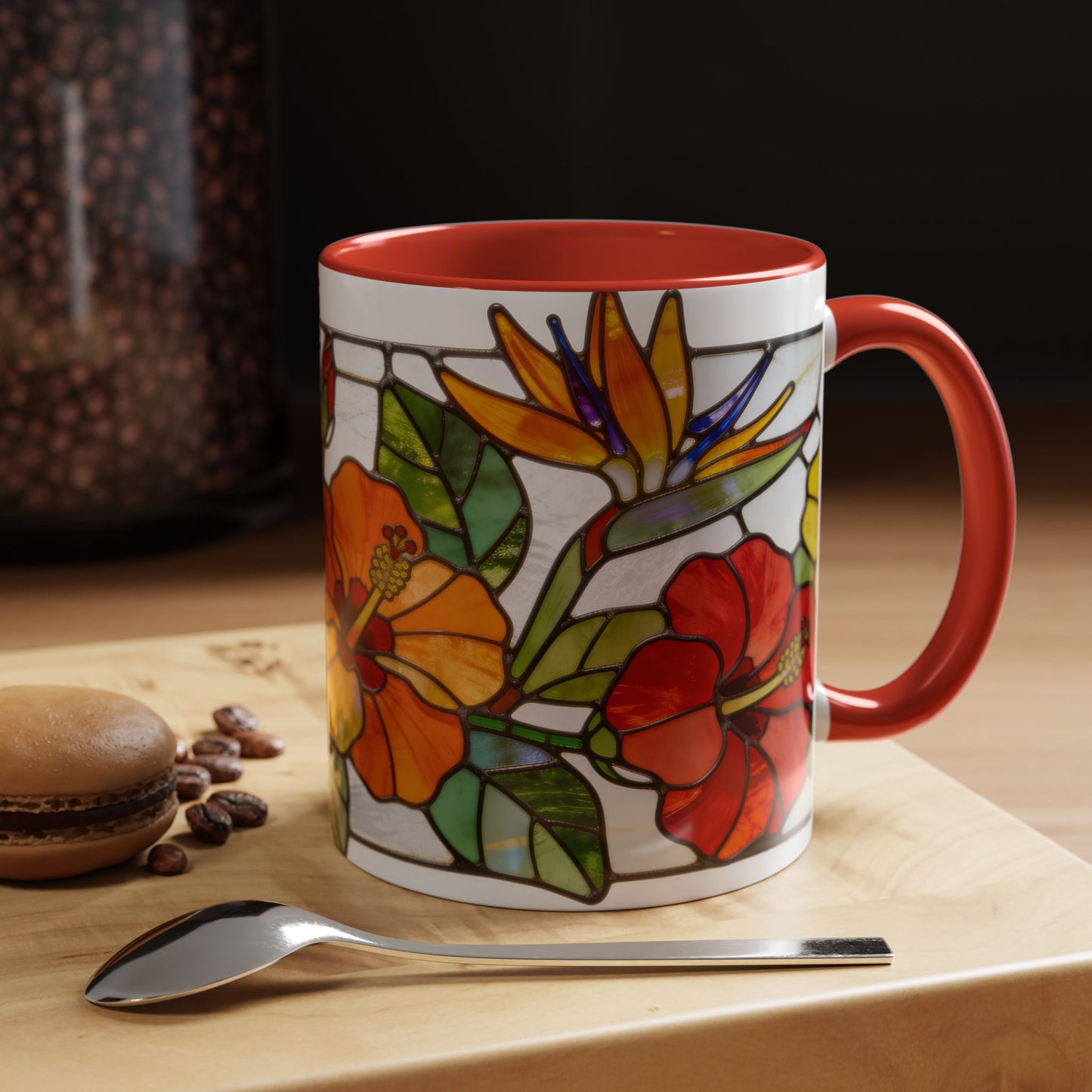 Stained Glass Tropical Flower Coffee Mug — Hibiscus & Bird of Paradise Accent Mug