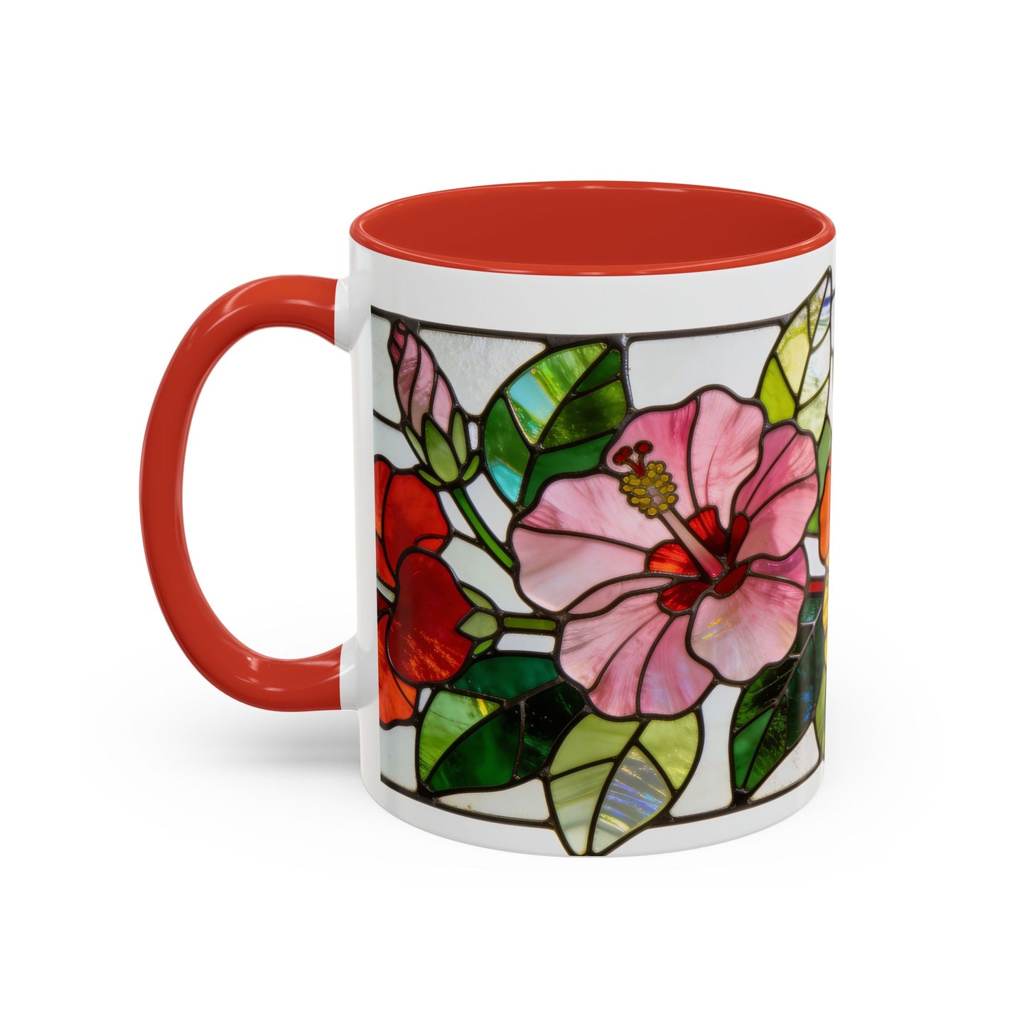 Stained Glass Tropical Flower Coffee Mug — Hibiscus & Bird of Paradise Accent Mug