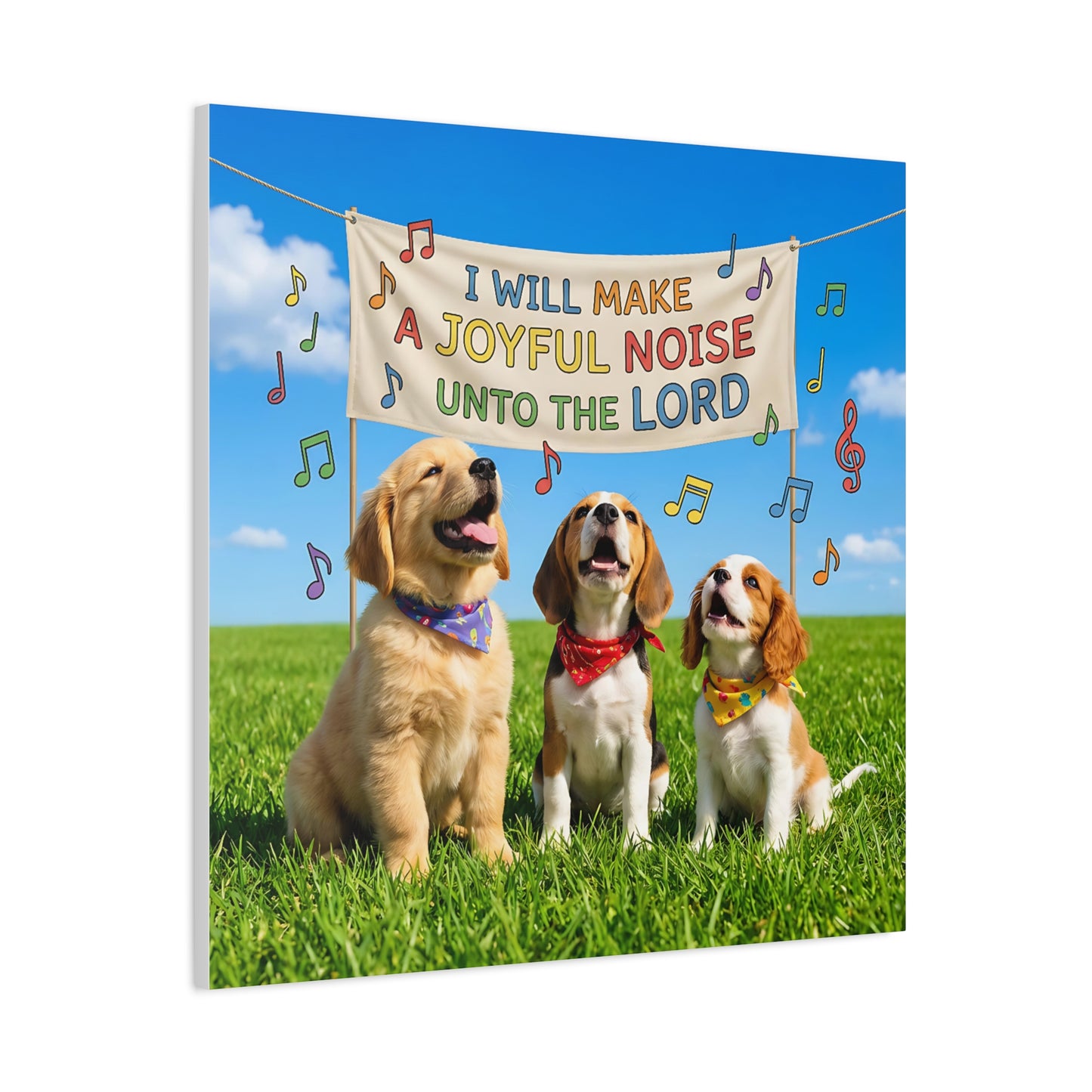 Joyful Noise Puppies Canvas Wall Art — Religious Christian Bible Verse 'I Will Make A Joyful Noise Unto The Lord'