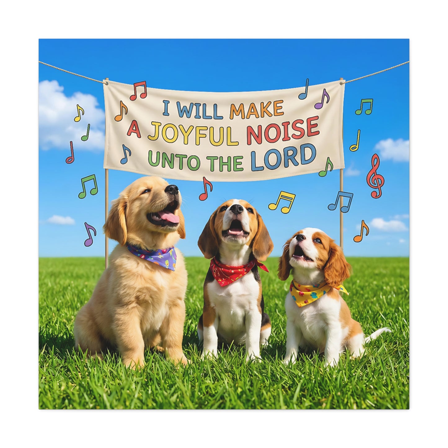 Joyful Noise Puppies Canvas Wall Art — Religious Christian Bible Verse 'I Will Make A Joyful Noise Unto The Lord'
