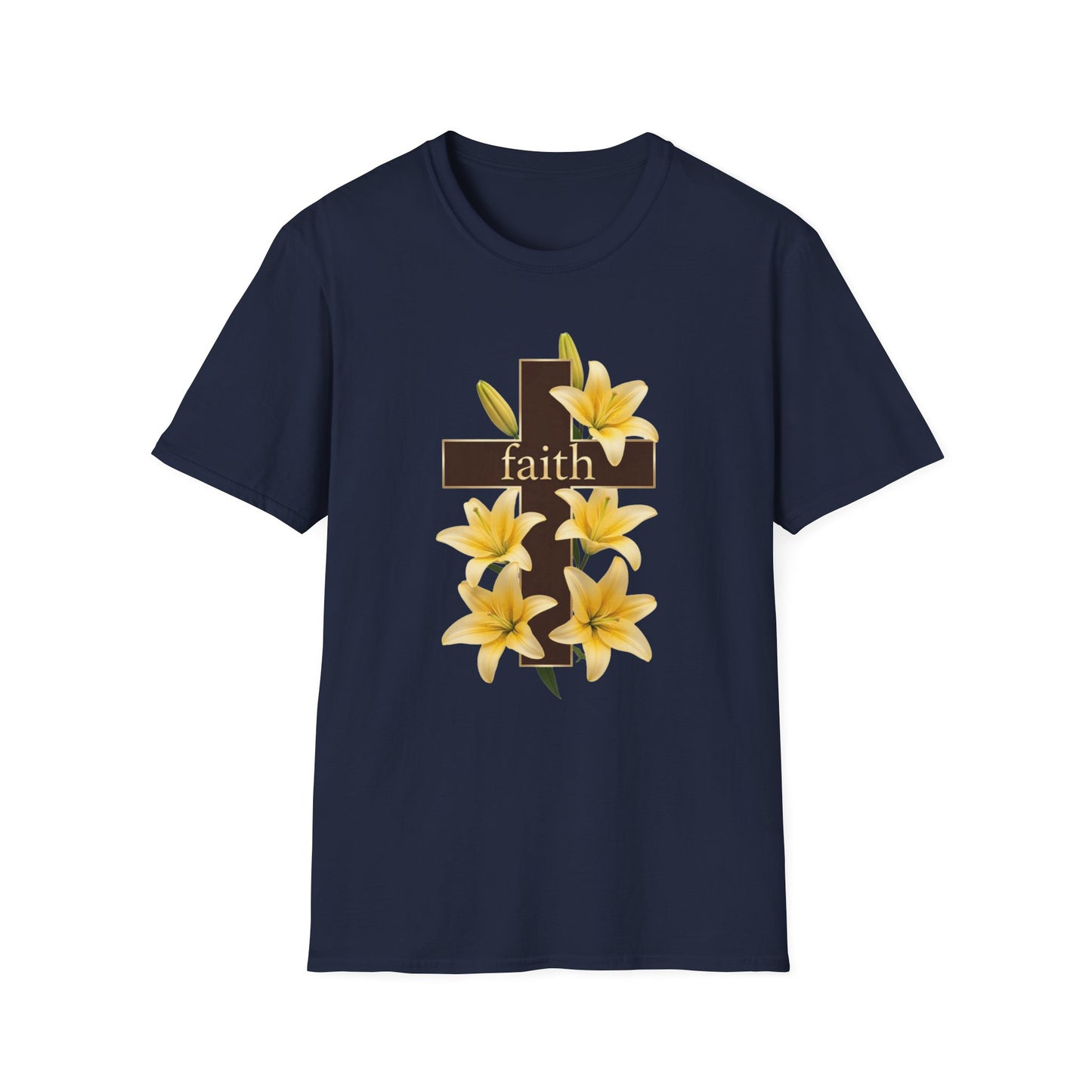Faith Cross T‑Shirt with Yellow Lilies — Inspirational Christian Easter Tee