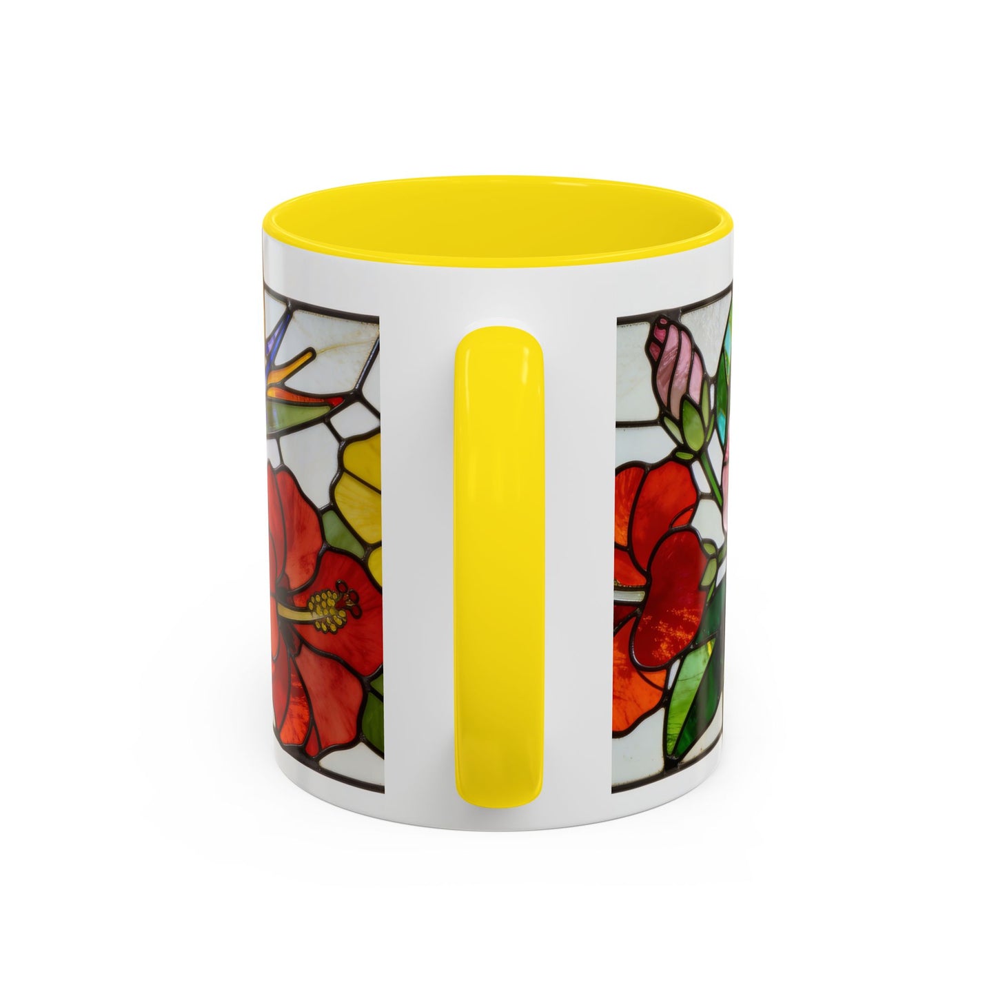 Stained Glass Tropical Flower Coffee Mug — Hibiscus & Bird of Paradise Accent Mug
