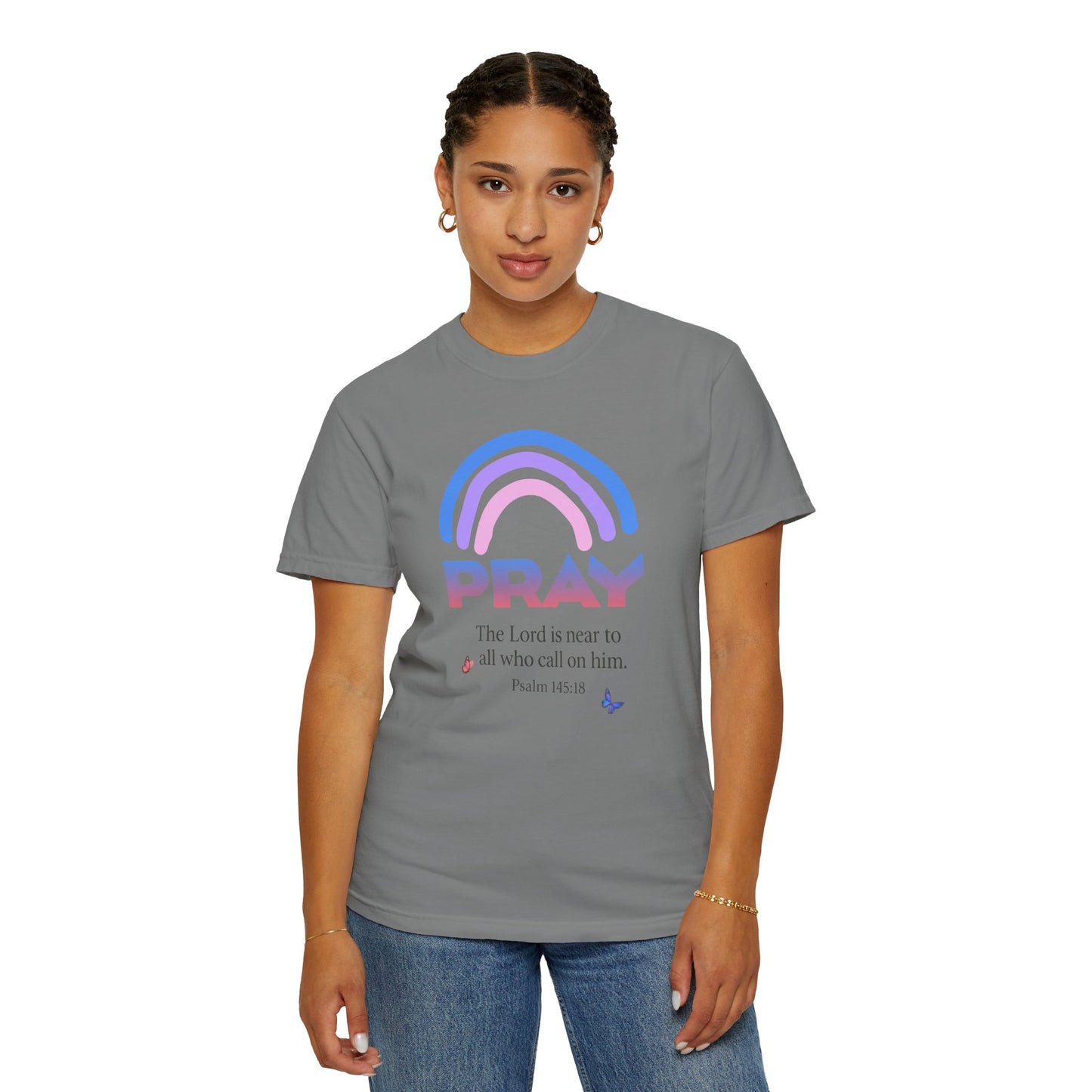 Prayer Rainbow T-Shirt — "PRAY" Psalm 145:18 Inspirational Christian Tee