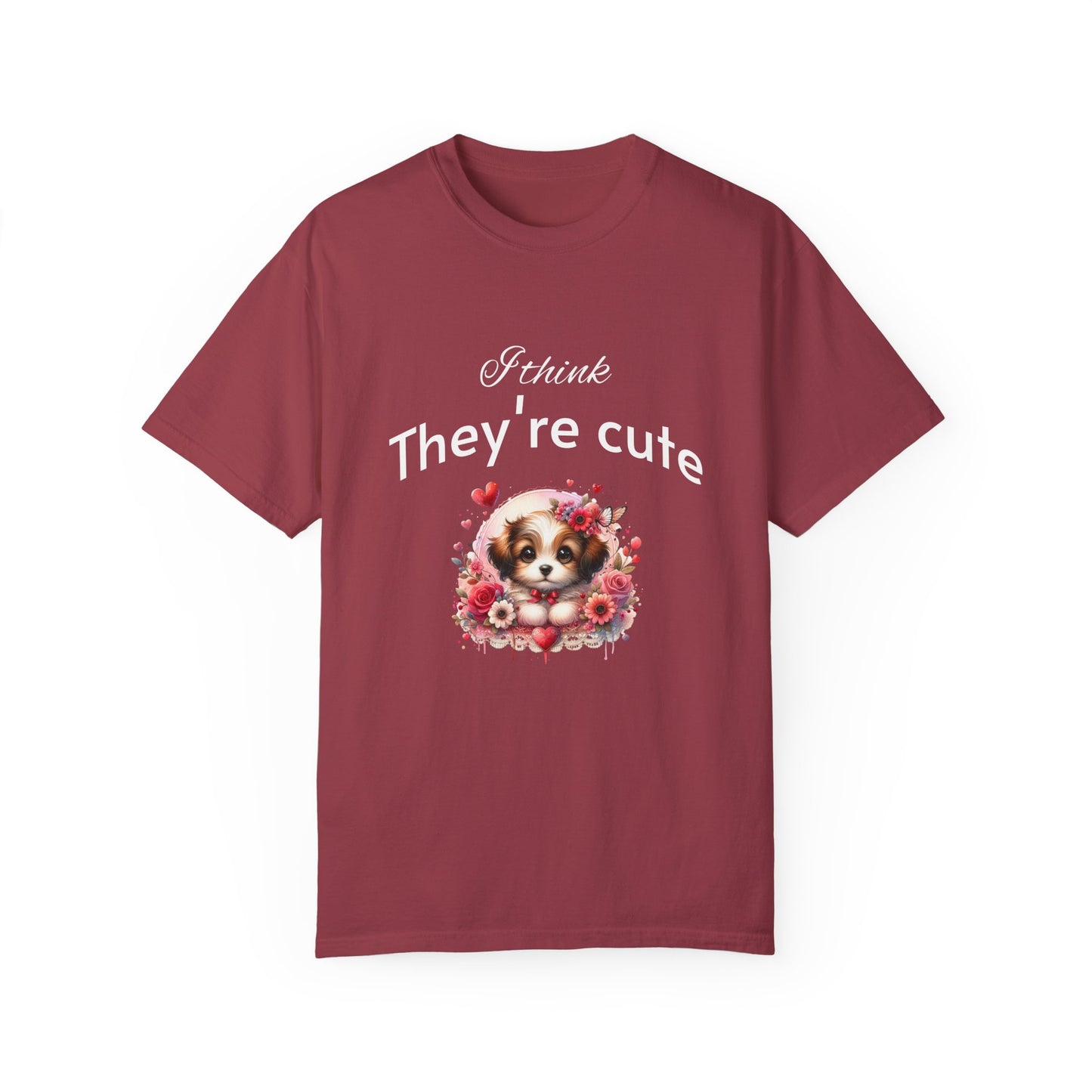 Cute Puppy Love adorned with hearts and beautiful flowers Unisex Garment-Dyed T-Shirt - Perfect for Dog Lovers