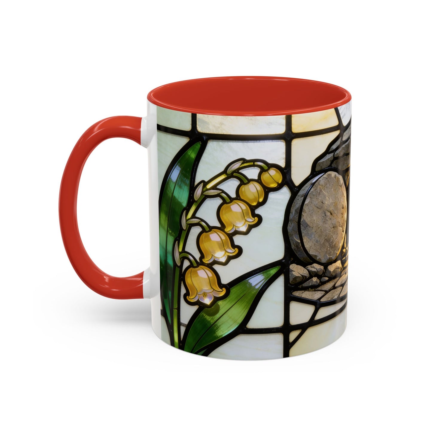 Stained Glass depiction of The Resurrected Tomb & Lily of the Valley Accent Coffee Mug — Christian Easter 11/15oz