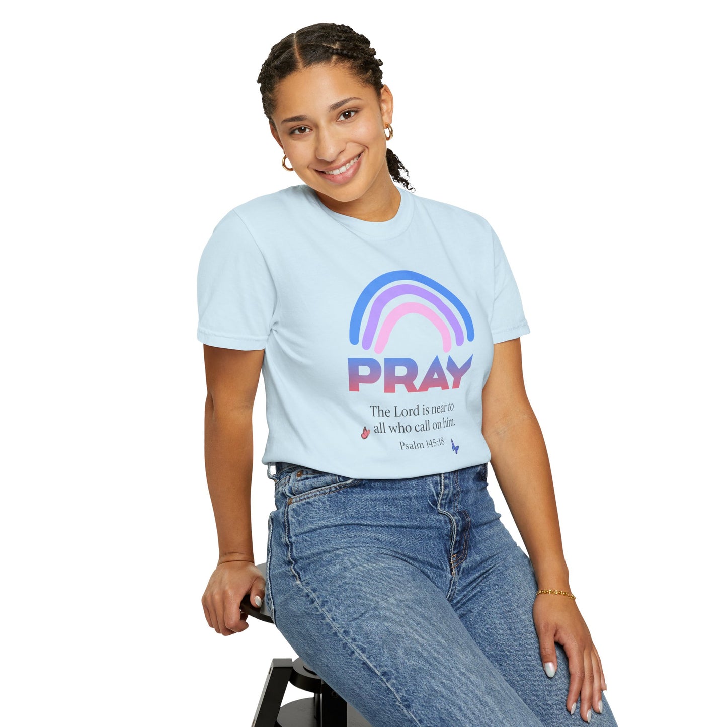 Prayer Rainbow T-Shirt — "PRAY" Psalm 145:18 Inspirational Christian Tee
