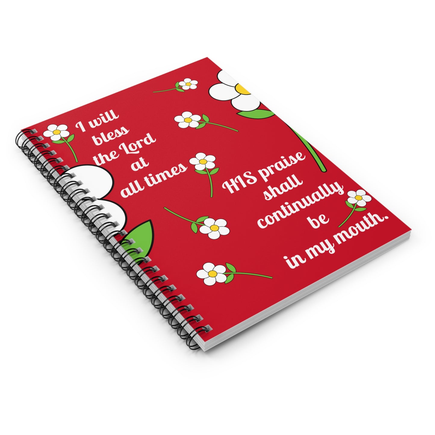"I Will Bless the Lord" Christian Spiral Notebook — White Daisies on Red, Faith Journal & Bible Study Gift