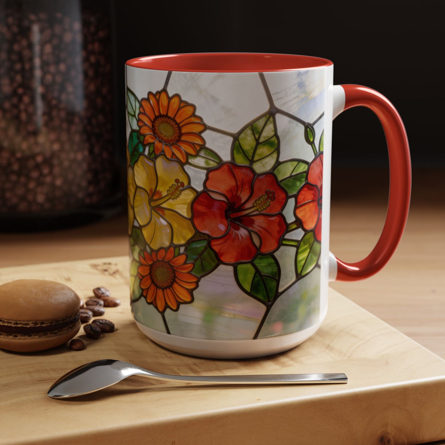 Stained Glass Floral Accent Coffee Mug — Hibiscus & Sunflower Art (11/15oz)