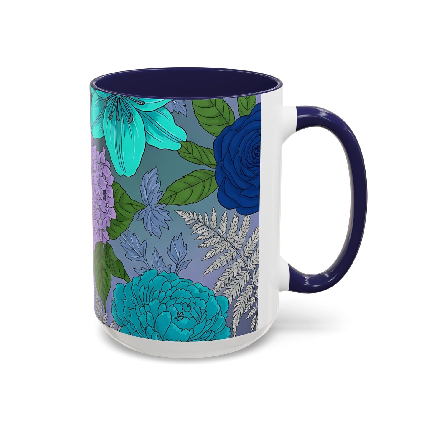 Floral Hydrangea Accent Coffee Mug — Teal & Lavender Botanical Drinkware