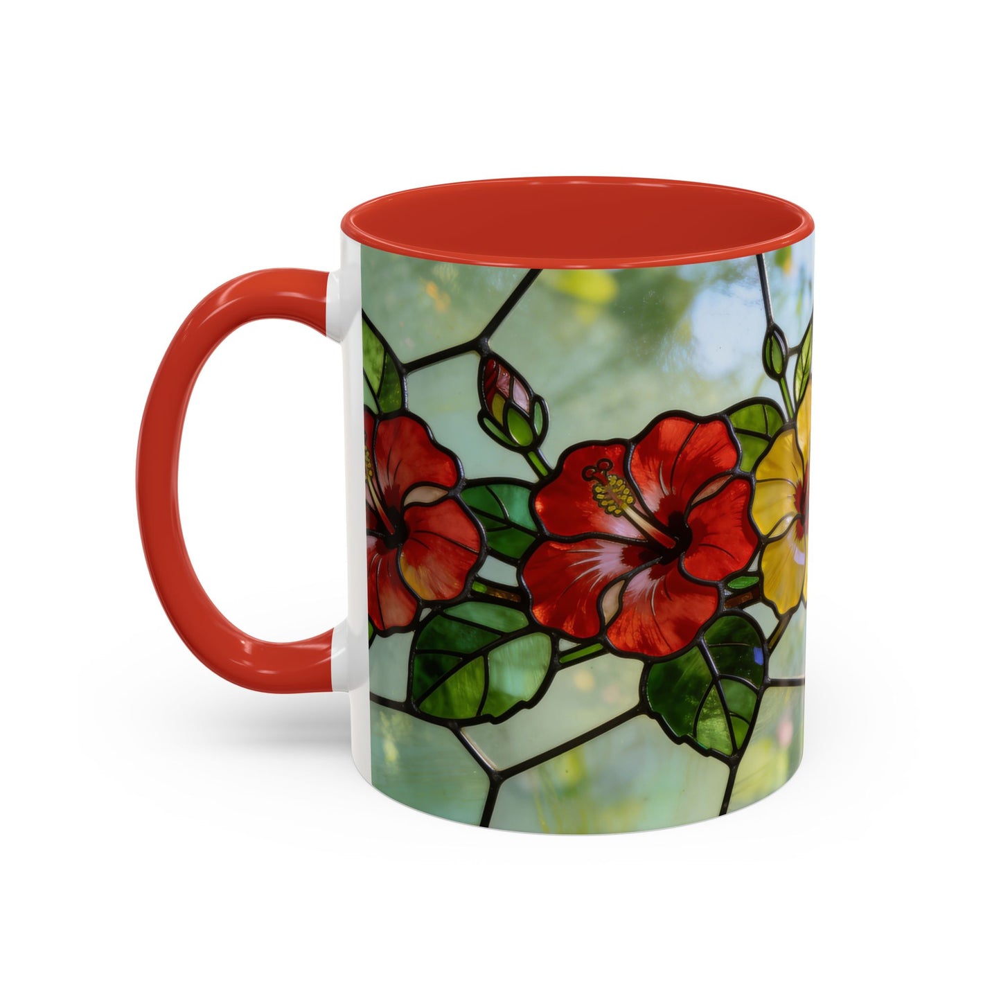 Stained Glass Floral Accent Coffee Mug — Hibiscus & Sunflower Art (11/15oz)