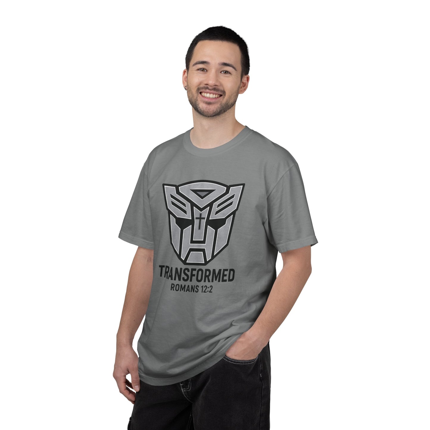 Transformed Graphic Tee — "Transformed" Romans 12:2 Christian Transformer Logo T-Shirt