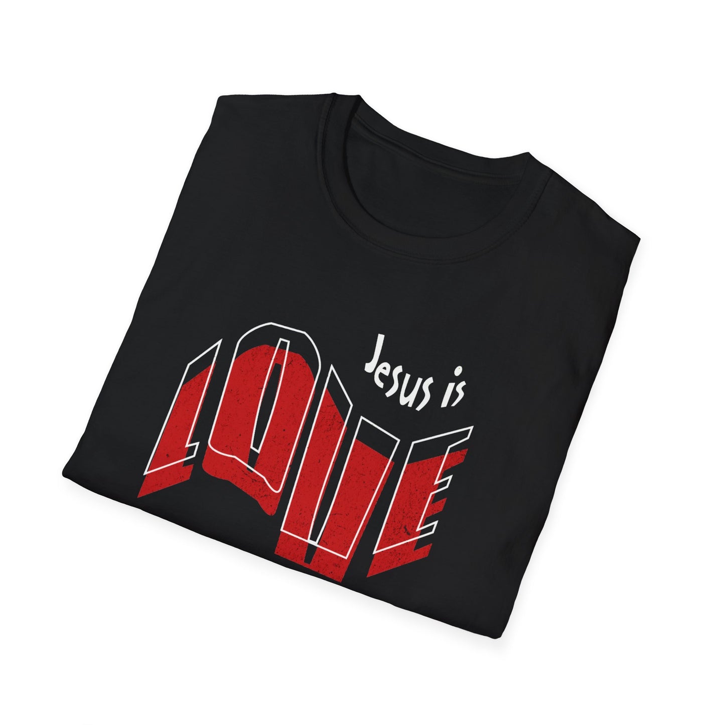A black unisex t-shirt with the text 'JESUS IS LOVE' printed in white and red.