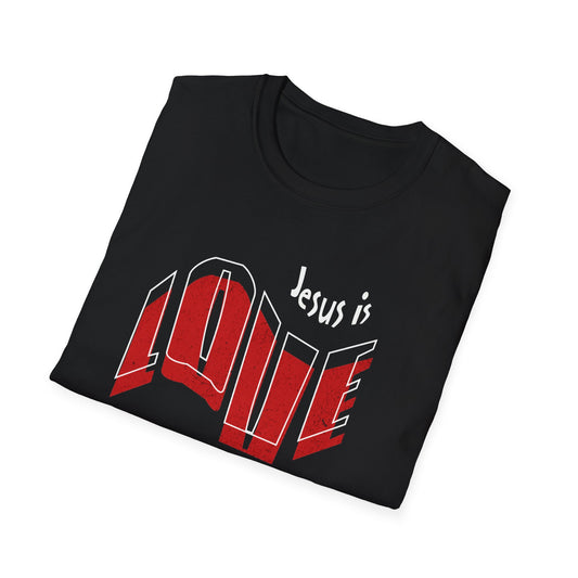 A black unisex t-shirt with the text 'JESUS IS LOVE' printed in white and red.