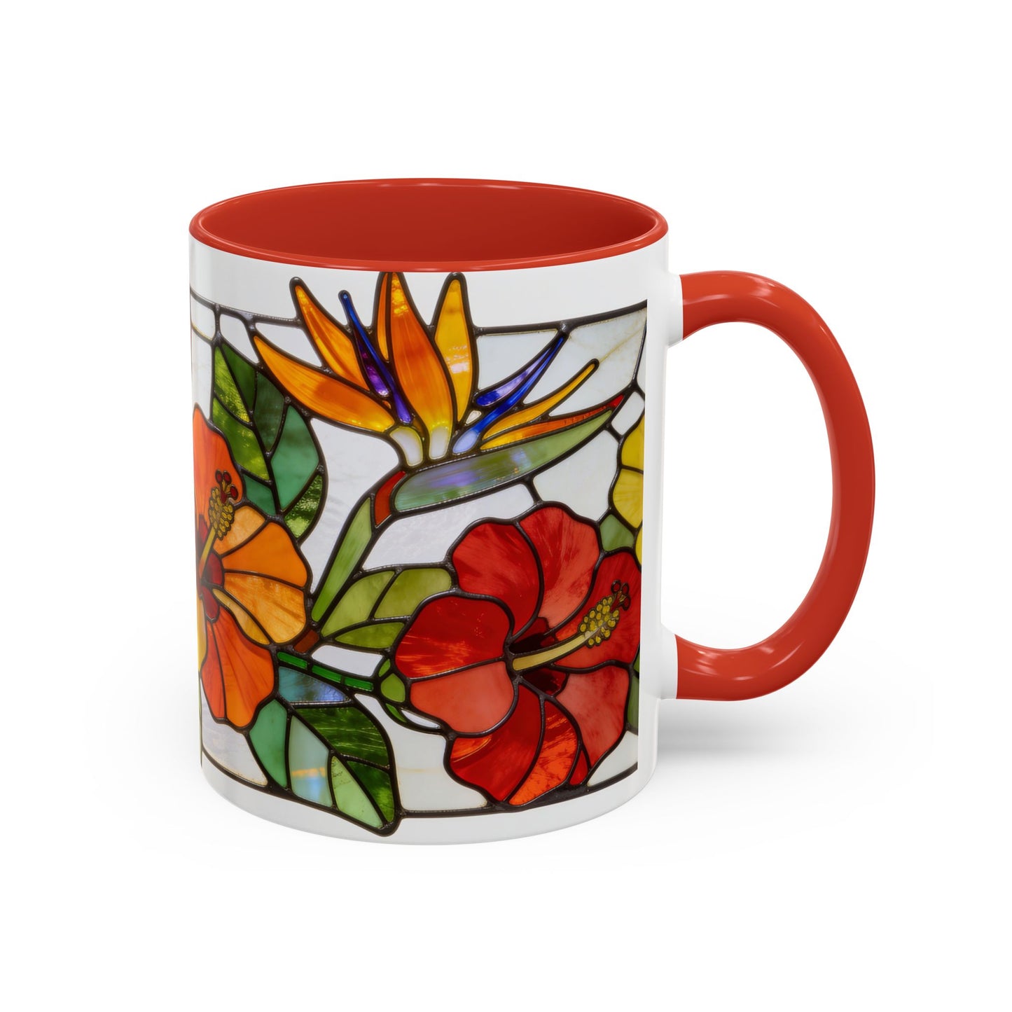 Stained Glass Tropical Flower Coffee Mug — Hibiscus & Bird of Paradise Accent Mug