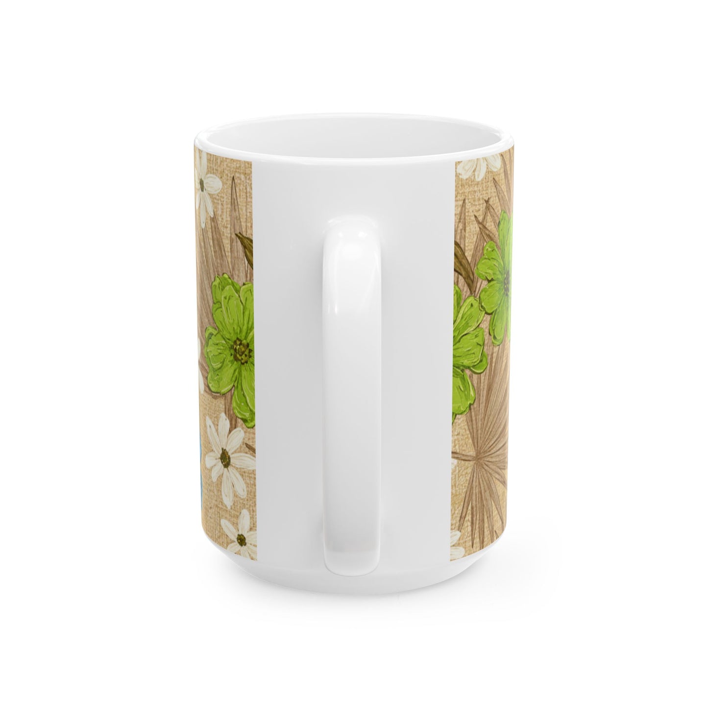 Floral Boho Ceramic Mug - Blue Wildflowers on Palm Leaf Background (11oz, 15oz)