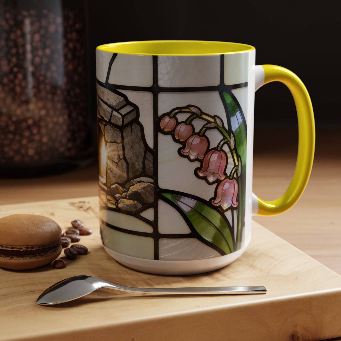 Stained Glass depiction of The Resurrected Tomb & Lily of the Valley Accent Coffee Mug — Christian Easter 11/15oz