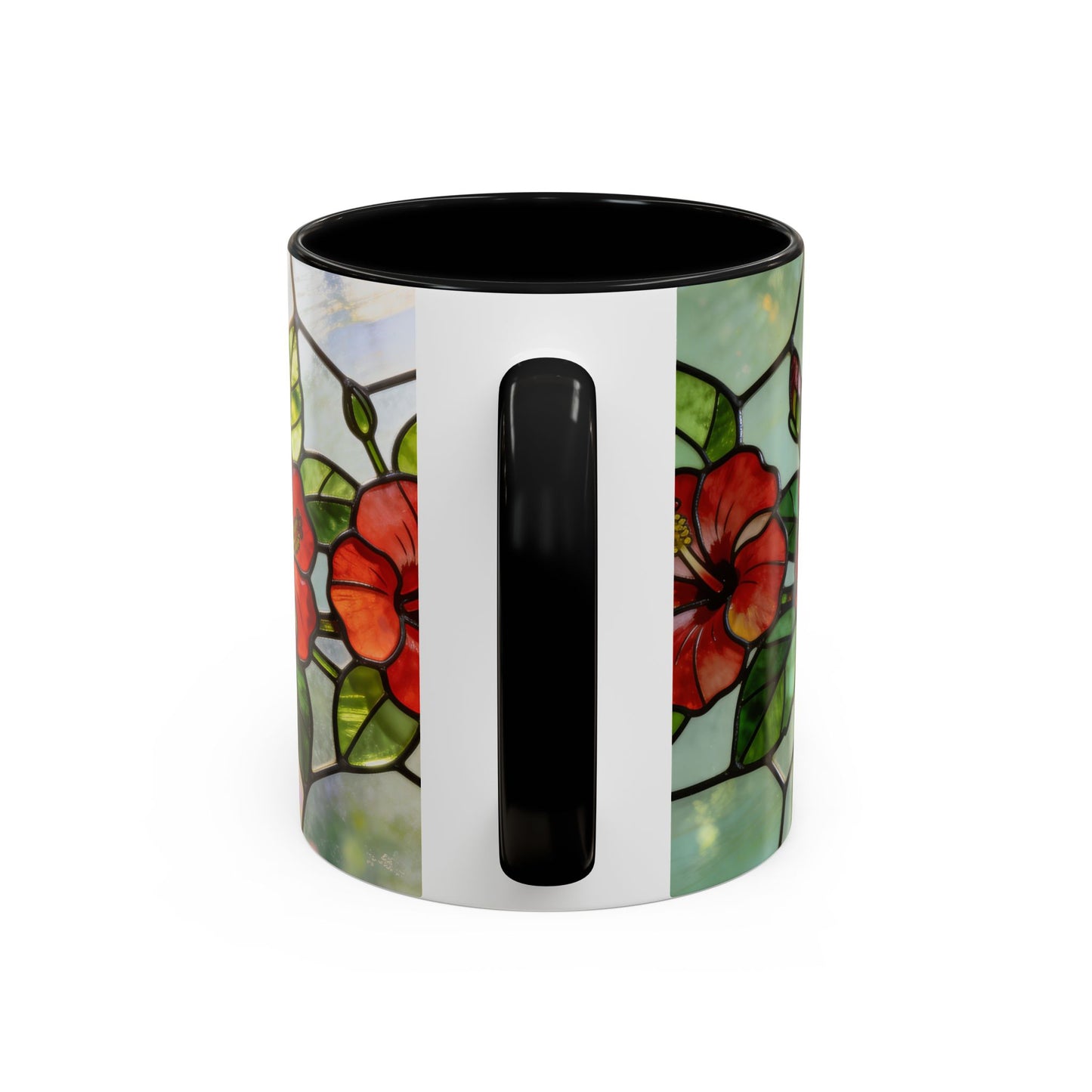 Stained Glass Floral Accent Coffee Mug — Hibiscus & Sunflower Art (11/15oz)