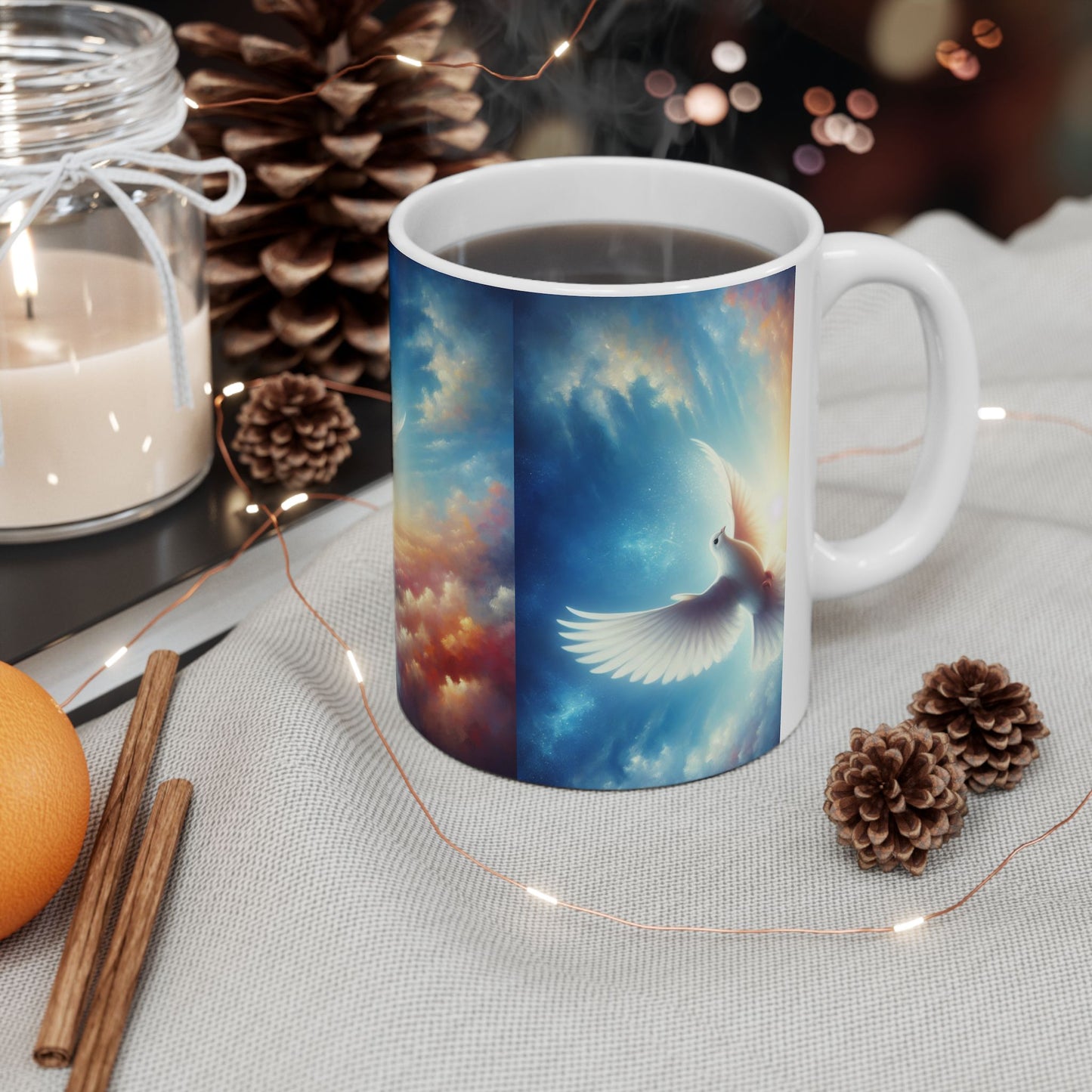 Dove in Sunrise Ceramic Mug — Inspirational Peace Coffee Cup (11oz & 15oz)