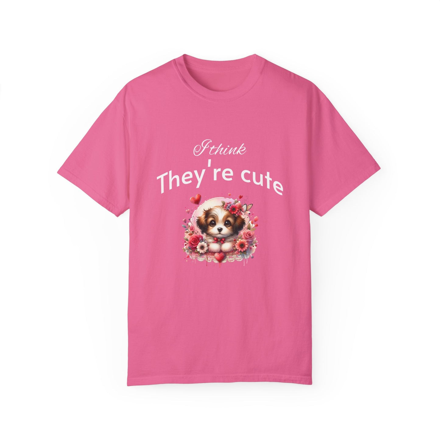 Cute Puppy Love adorned with hearts and beautiful flowers Unisex Garment-Dyed T-Shirt - Perfect for Dog Lovers