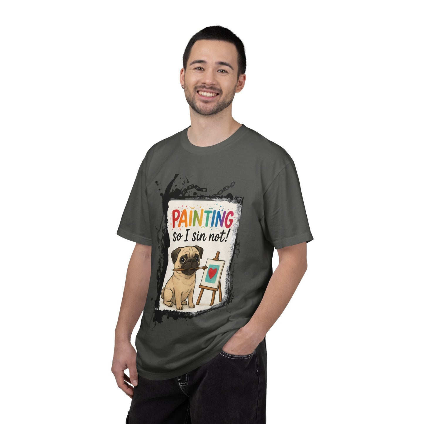 Humorous "Painting So I Sin Not" Pug T-Shirt