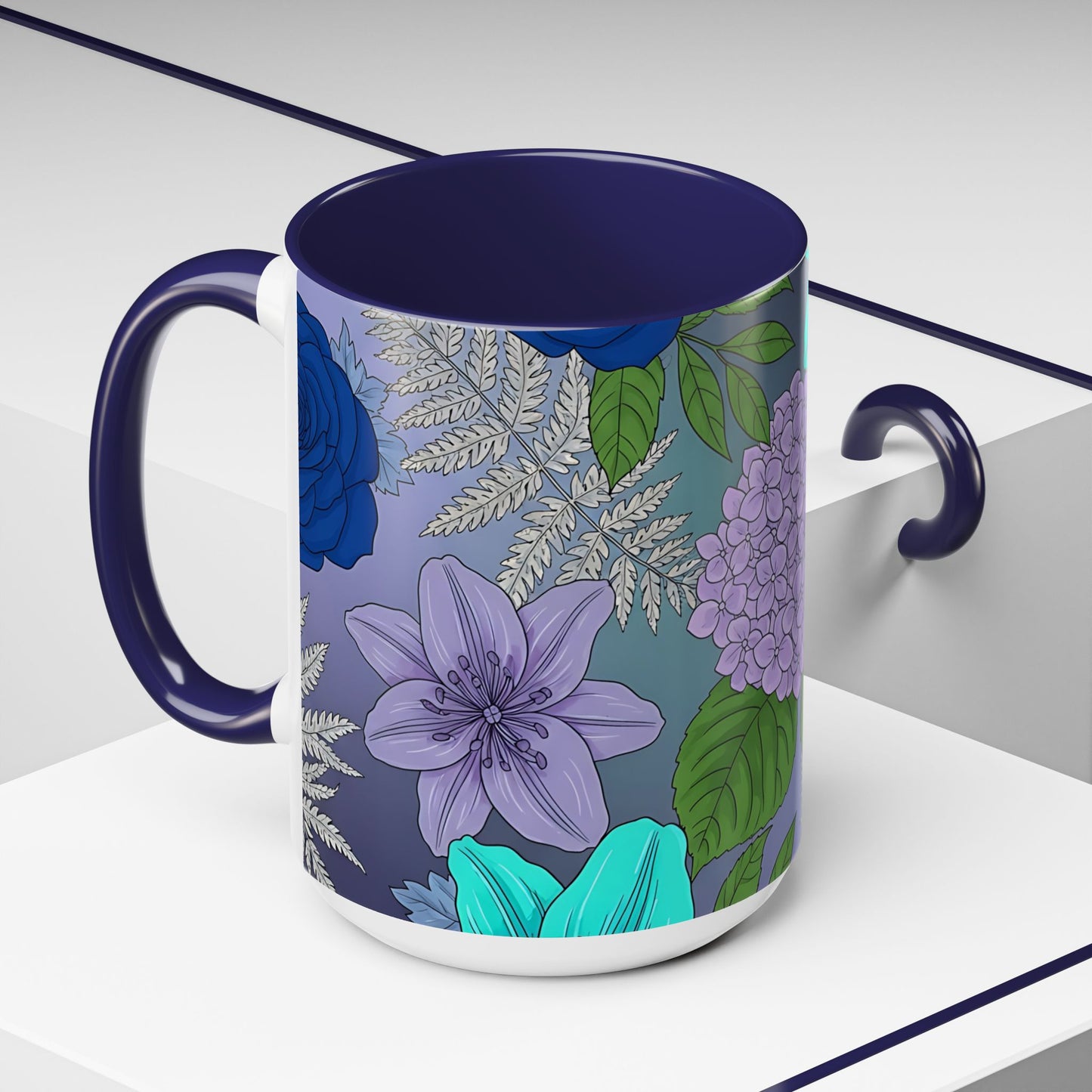 Floral Hydrangea Accent Coffee Mug — Teal & Lavender Botanical Drinkware