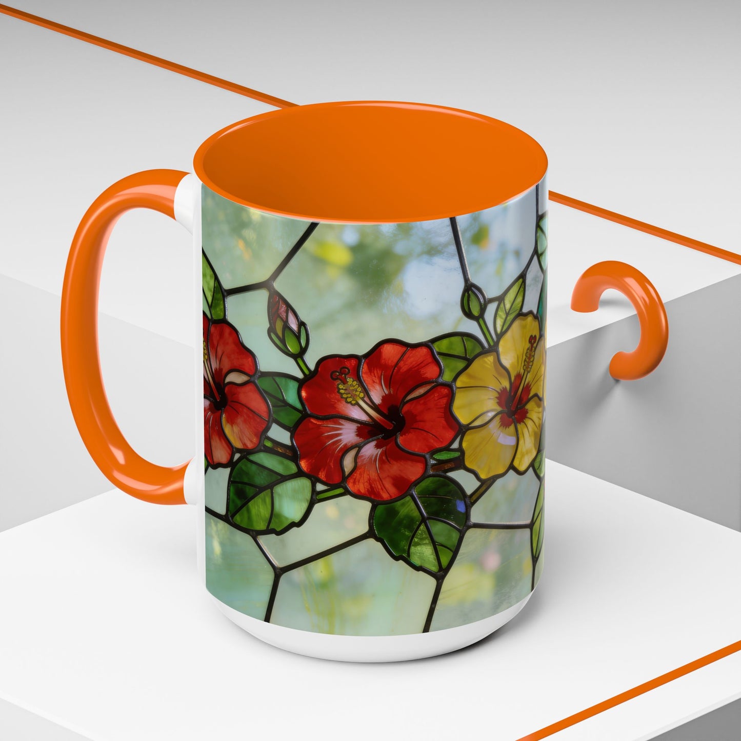 Stained Glass Floral Accent Coffee Mug — Hibiscus & Sunflower Art (11/15oz)