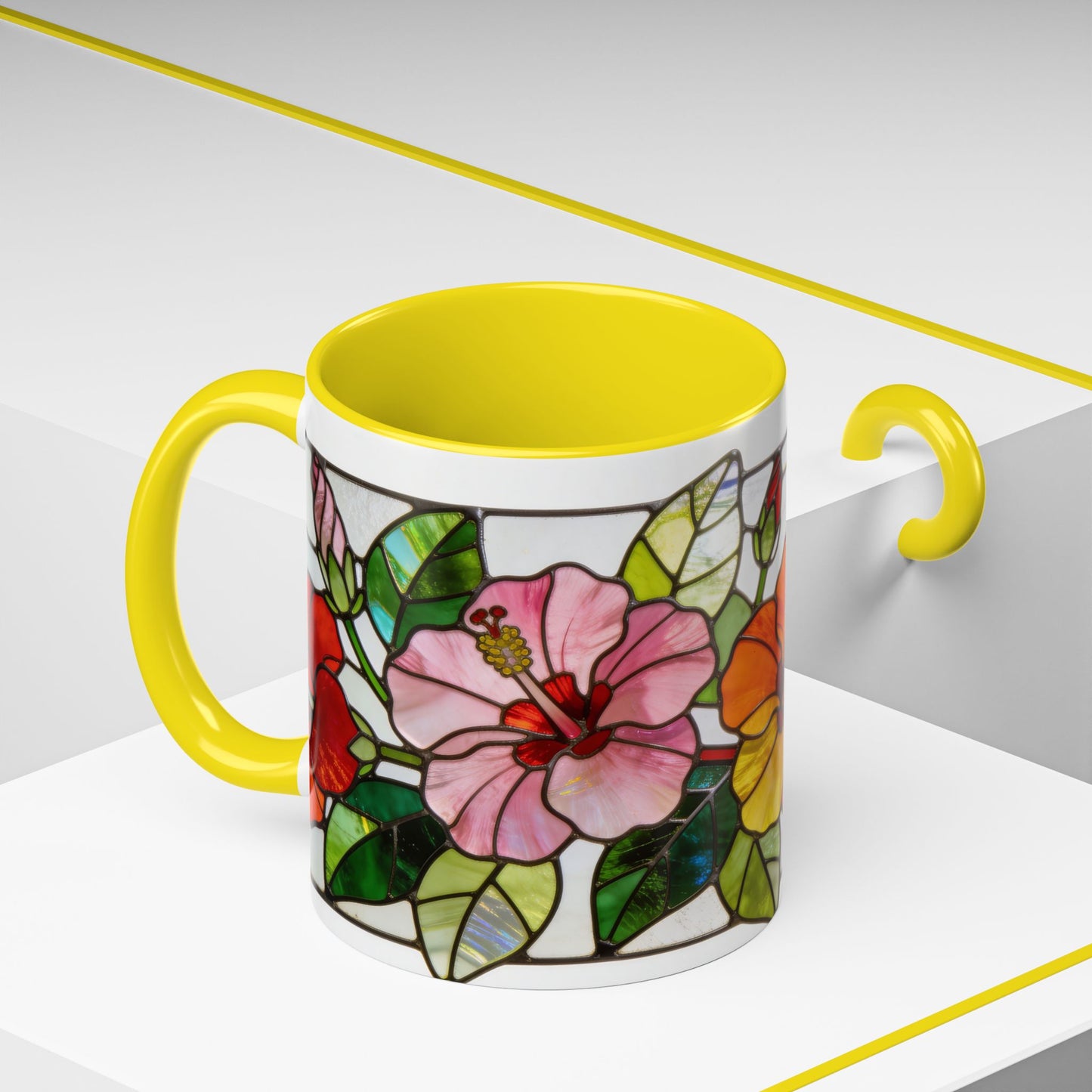 Stained Glass Tropical Flower Coffee Mug — Hibiscus & Bird of Paradise Accent Mug