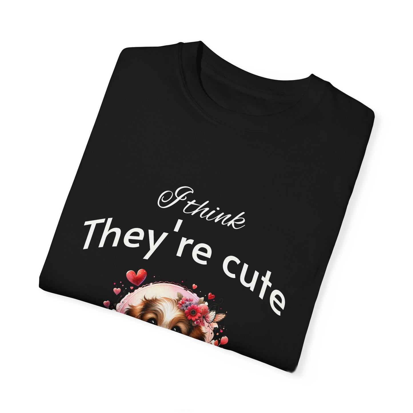 Cute Puppy Love adorned with hearts and beautiful flowers Unisex Garment-Dyed T-Shirt - Perfect for Dog Lovers