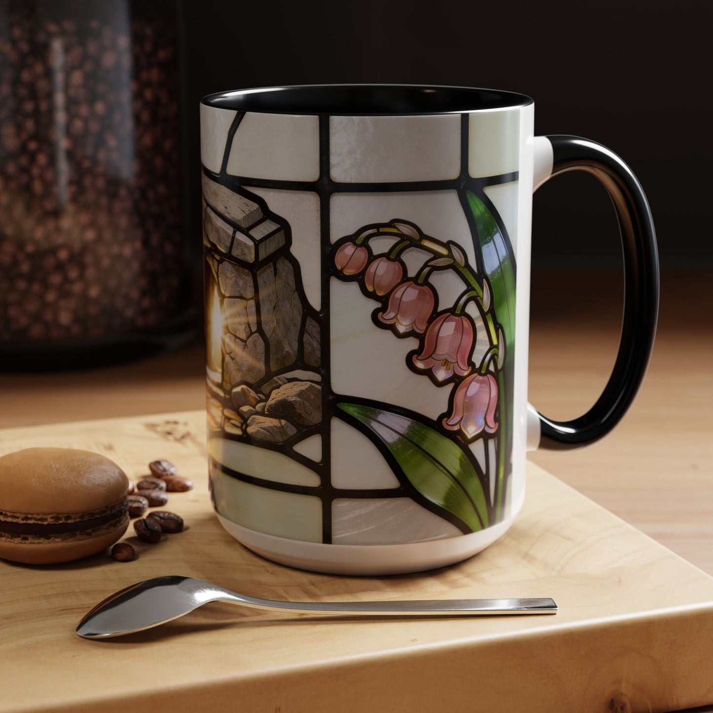 Stained Glass depiction of The Resurrected Tomb & Lily of the Valley Accent Coffee Mug — Christian Easter 11/15oz